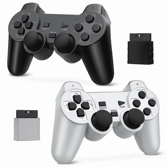 Main image of RetroFam 2 Pack Wireless Controller compatible with Playstation 2 PS2 Game Console, Black and Silver