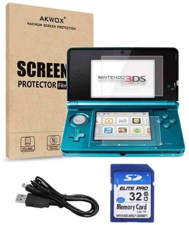 Main image of Nintendo 3DS Handheld Gaming Console - Aqua Blue Bundle with RetroFam 32GB SD Card & Glass Screen Protector