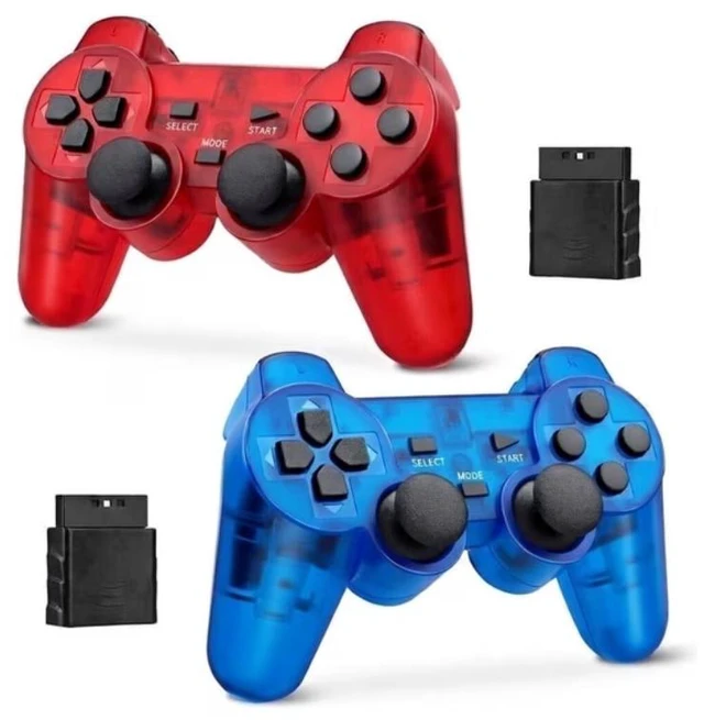 Main image of RetroFam 2 Pack compatible PS2 Controller Wireless for Playstation 2 PS2 Console, Transparent Red & Blue