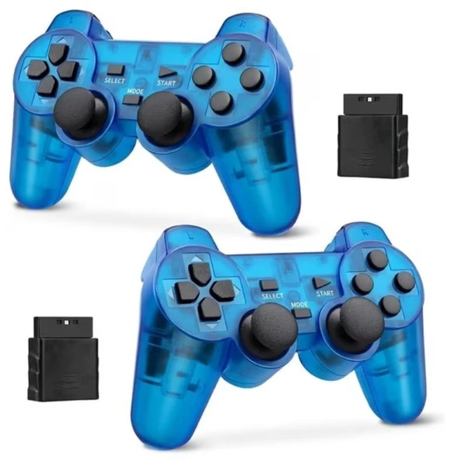 Main image of RetroFam 2 Pack compatible PS2 Controller Wireless for Playstation 2 PS2 Console, Transparent Blue