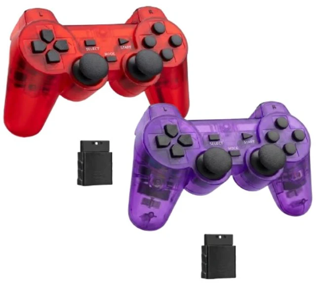 Main image of RetroFam 2 Pack compatible PS2 Controller Wireless for Playstation 2 PS2 Console, Transparent Red & Purple