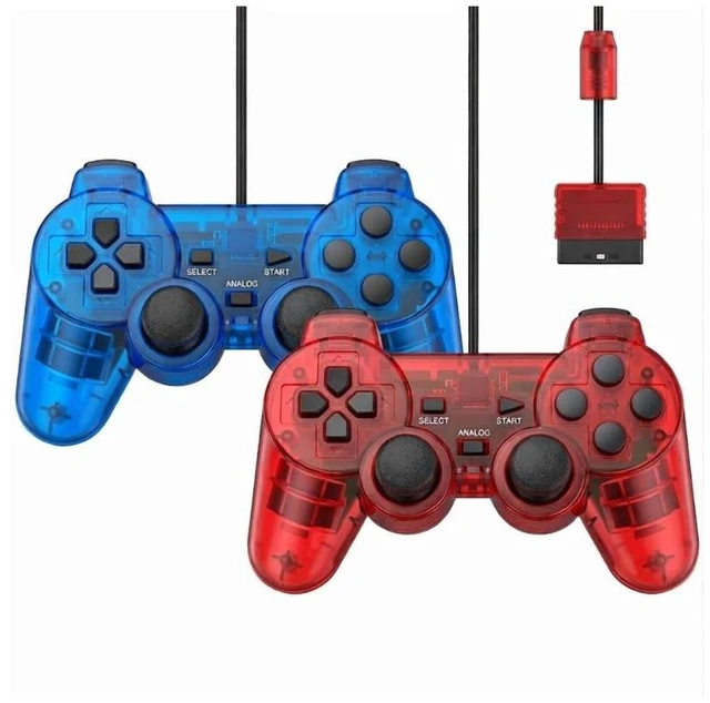 Main image of RetroFam 2 Pack Wired Controller Compatible for PlayStation 2 PS2 Game Console, Transparent Red & Blue