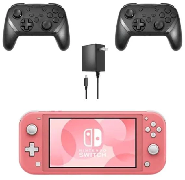 Main image of Nintendo Switch Lite Handheld Gaming Console, Coral Pink, with 2 RetroFam Wireless Pro Controllers and Charger Bundle