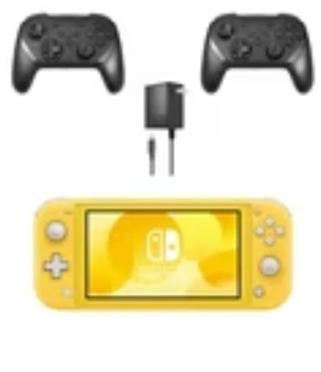 Main image of Nintendo Switch Lite Handheld Gaming Console, Yellow, with 2 RetroFam Wireless Pro Controllers and Charger Bundle
