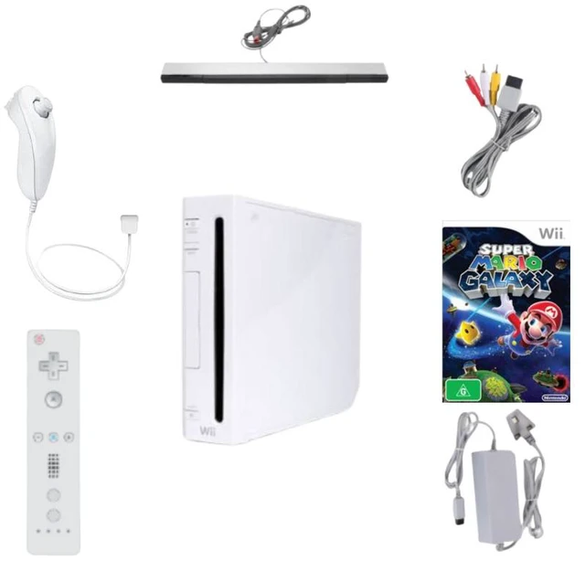 Main image of Nintendo Wii Console White Bundle with Super Mario Galaxy Game, Retrofam Remote, Nunchuk, Sensor Bar & Power Adapter