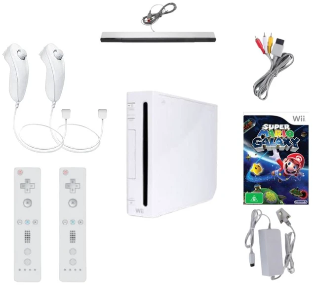 Main image of Nintendo Wii Console White Bundle with Super Mario Galaxy Game, 2 RetroFam Remotes, Nunchuk, Sensor Bar & Power Adapter