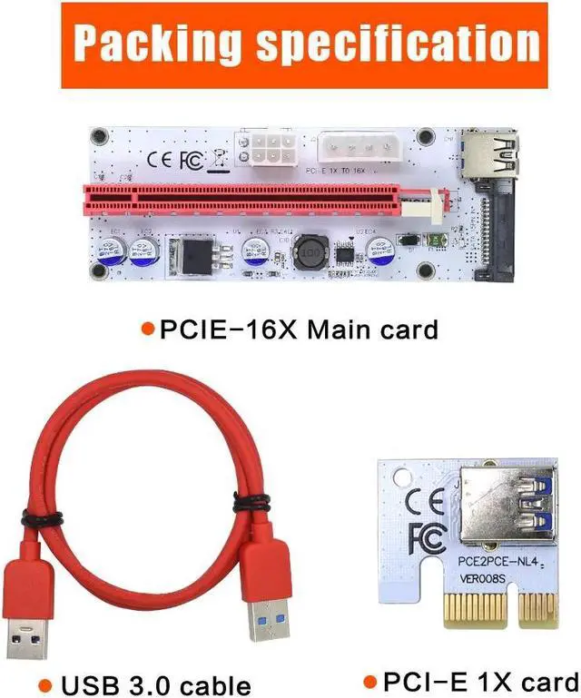 Alt view image 6 of 6 - TISHRIC VER008S Molex 4Pin SATA 6PIN PCI Express PCIE PCI-E Riser Card 008s 008 Adapter 1X to 16X USB3.0 Extender Mining Miner