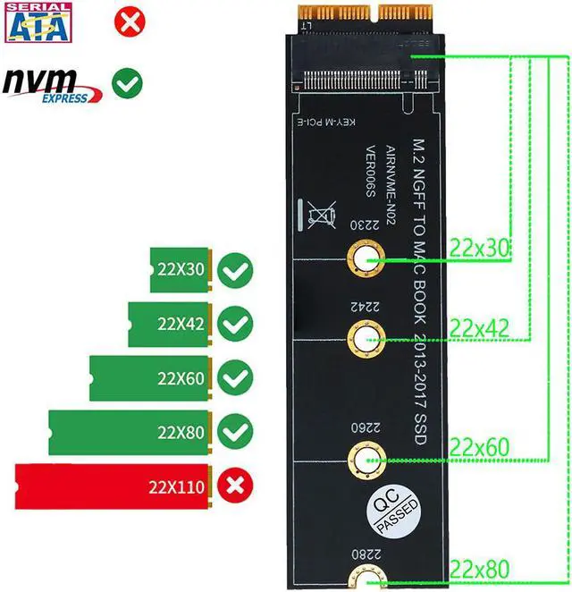 Alt view image 5 of 6 - M.2 NVME SSD Convert Adapter Card for Upgrade MacBook Air 2013-2017 NVME/AHCI SSD 2230 2242 2260 2280