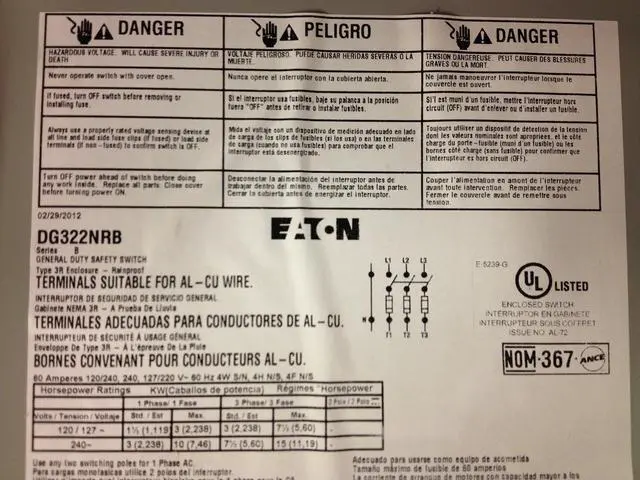 Alt view image 4 of 4 - Eaton / Control Automation DG322NRB SWITCH; GENERAL DUTY SAFETY; 3 POLE; 60A; NEMA 3R; FUSIBLE W/NEUTRAL