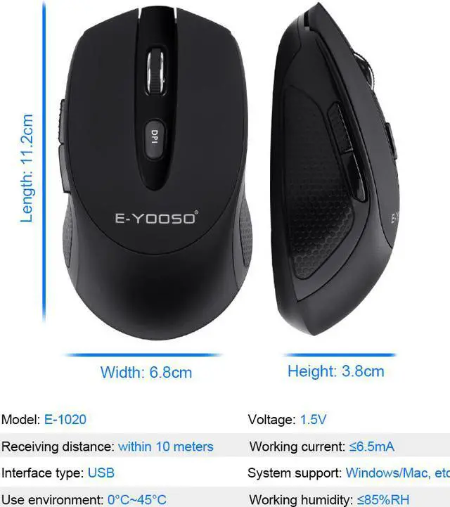 Alt view image 7 of 7 - E-YOOSO E1020 USB 2.4G Wireless Optical Gaming Mouse, Noiseless, Adjustable DPI, 2.4G Wireless, Wide Operating Range, for PC/Laptop (Black)