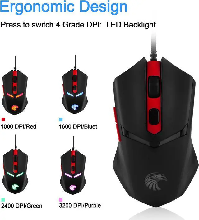 Alt view image 5 of 11 - E-YOOSO Z-7600 Wired Optical Gaming Keyboard, Adjustable DPI up to 3200, USB Connection, Backlit, for Office or Gaming (Black-Red)