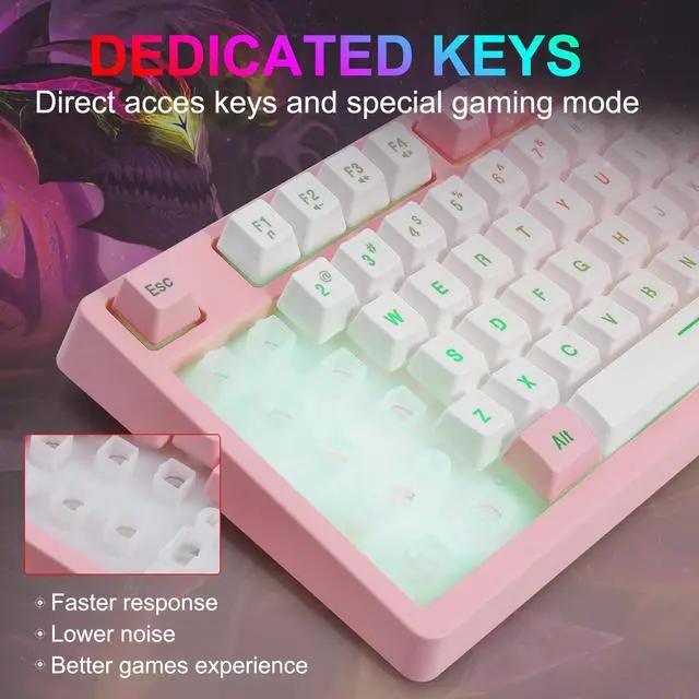 Alt view image 2 of 7 - CQ104 Gaming Keyboard USB Wired with Rainbow LED Backlit, Quiet Floating Keys, Mechanical Feeling, Spill Resistant, Ergonomic for Xbox, PS Series, Desktop, Computer, PC(White Pink)