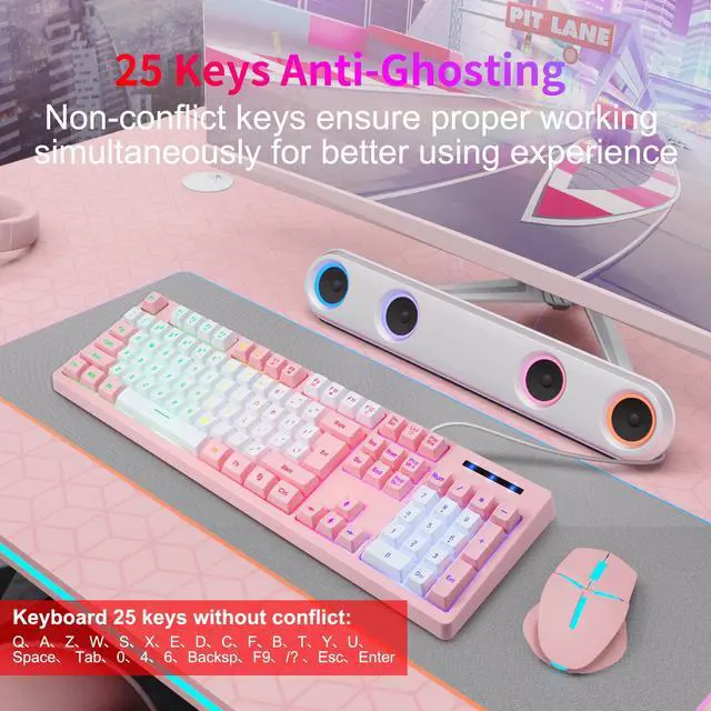 Alt view image 4 of 7 - CQ104 Gaming Keyboard USB Wired with Rainbow LED Backlit, Quiet Floating Keys, Mechanical Feeling, Spill Resistant, Ergonomic for Xbox, PS Series, Desktop, Computer, PC(White Pink)