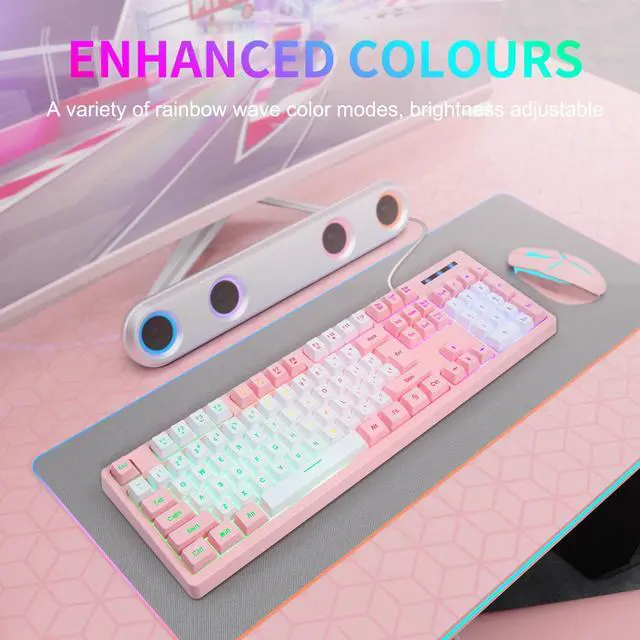Alt view image 5 of 7 - CQ104 Gaming Keyboard USB Wired with Rainbow LED Backlit, Quiet Floating Keys, Mechanical Feeling, Spill Resistant, Ergonomic for Xbox, PS Series, Desktop, Computer, PC(White Pink)