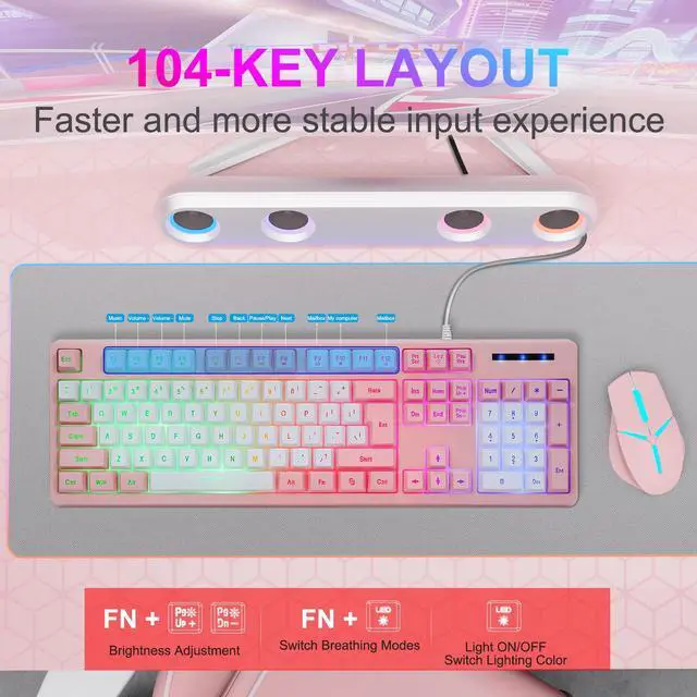 Alt view image 3 of 7 - CQ104 Gaming Keyboard USB Wired with Rainbow LED Backlit, Quiet Floating Keys, Mechanical Feeling, Spill Resistant, Ergonomic for Xbox, PS Series, Desktop, Computer, PC(White Pink)