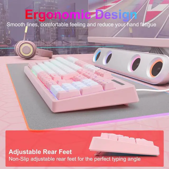 Alt view image 6 of 7 - CQ104 Gaming Keyboard USB Wired with Rainbow LED Backlit, Quiet Floating Keys, Mechanical Feeling, Spill Resistant, Ergonomic for Xbox, PS Series, Desktop, Computer, PC(White Pink)