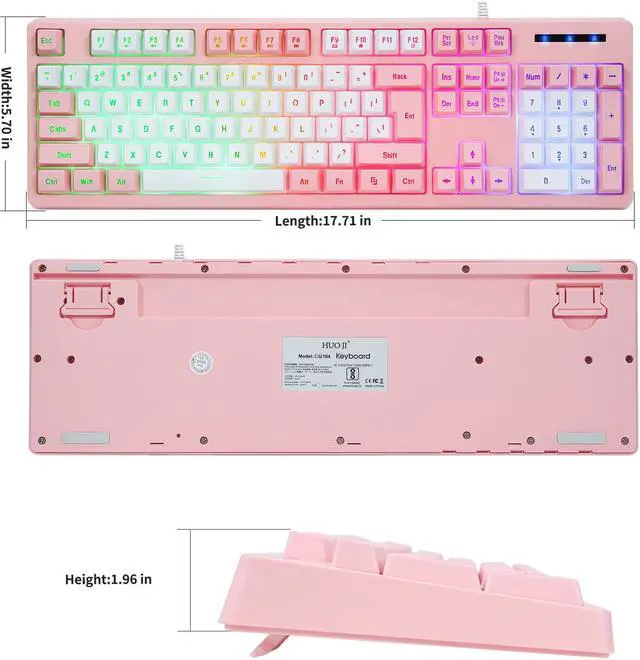 Alt view image 7 of 7 - CQ104 Gaming Keyboard USB Wired with Rainbow LED Backlit, Quiet Floating Keys, Mechanical Feeling, Spill Resistant, Ergonomic for Xbox, PS Series, Desktop, Computer, PC(White Pink)