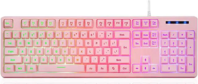 Main image of CQ104 Gaming Keyboard USB Wired with Rainbow LED Backlit, Quiet Floating Keys, Mechanical Feeling, Spill Resistant, Ergonomic for Xbox, PS Series, Desktop, Computer, PC(Pink)
