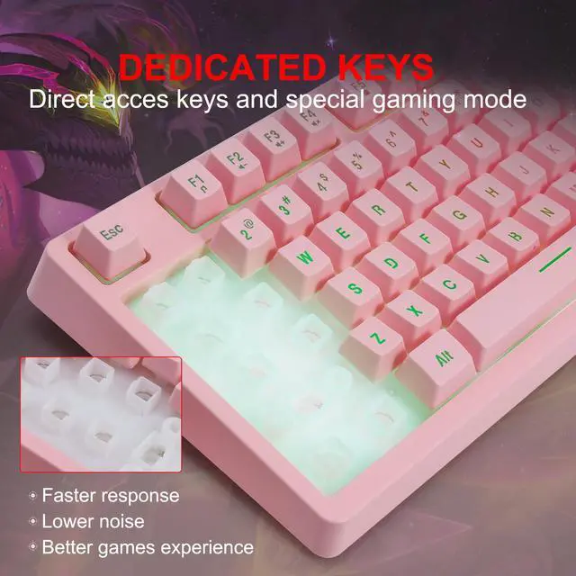 Alt view image 2 of 7 - CQ104 Gaming Keyboard USB Wired with Rainbow LED Backlit, Quiet Floating Keys, Mechanical Feeling, Spill Resistant, Ergonomic for Xbox, PS Series, Desktop, Computer, PC(Pink)