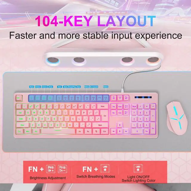Alt view image 3 of 7 - CQ104 Gaming Keyboard USB Wired with Rainbow LED Backlit, Quiet Floating Keys, Mechanical Feeling, Spill Resistant, Ergonomic for Xbox, PS Series, Desktop, Computer, PC(Pink)