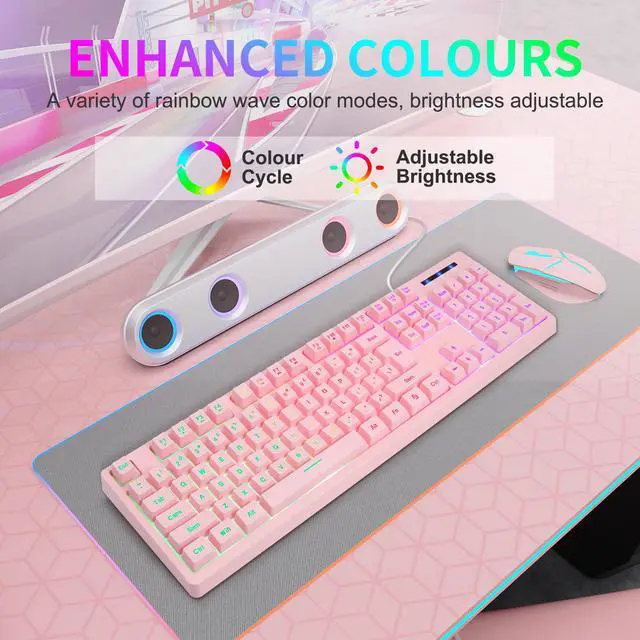 Alt view image 5 of 7 - CQ104 Gaming Keyboard USB Wired with Rainbow LED Backlit, Quiet Floating Keys, Mechanical Feeling, Spill Resistant, Ergonomic for Xbox, PS Series, Desktop, Computer, PC(Pink)