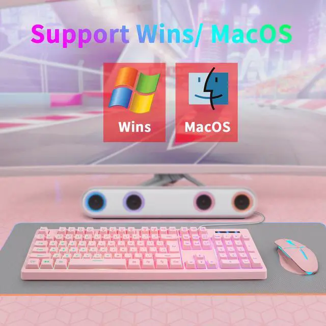 Alt view image 7 of 7 - CQ104 Gaming Keyboard USB Wired with Rainbow LED Backlit, Quiet Floating Keys, Mechanical Feeling, Spill Resistant, Ergonomic for Xbox, PS Series, Desktop, Computer, PC(Pink)