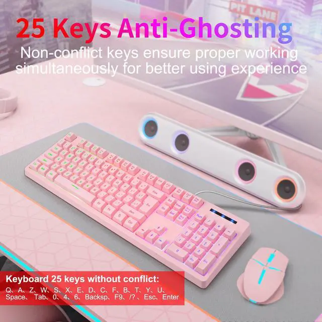 Alt view image 4 of 7 - CQ104 Gaming Keyboard USB Wired with Rainbow LED Backlit, Quiet Floating Keys, Mechanical Feeling, Spill Resistant, Ergonomic for Xbox, PS Series, Desktop, Computer, PC(Pink)