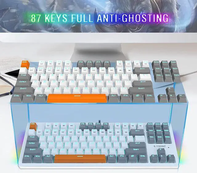 Alt view image 7 of 7 - Mechanical Gaming Keyboard, E-YOOSO Wired Mechanical Keyboard with Blue Switches, 87 Keys Gaming Keyboard with Solid Color Backlit & RGB LED Sidelight for Windows Mac PC Gaming
