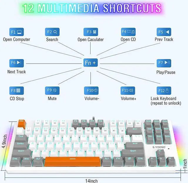 Alt view image 6 of 7 - Mechanical Gaming Keyboard, E-YOOSO Wired Mechanical Keyboard with Blue Switches, 87 Keys Gaming Keyboard with Solid Color Backlit & RGB LED Sidelight for Windows Mac PC Gaming