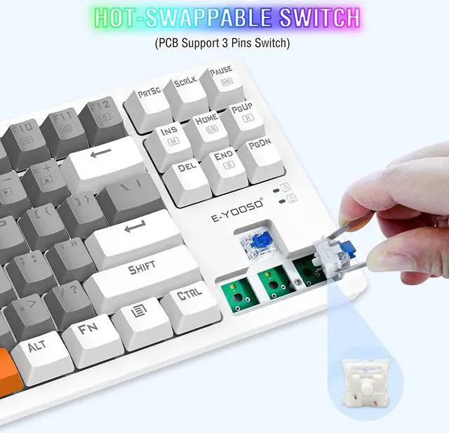 Alt view image 4 of 7 - Mechanical Gaming Keyboard, E-YOOSO Wired Mechanical Keyboard with Blue Switches, 87 Keys Gaming Keyboard with Solid Color Backlit & RGB LED Sidelight for Windows Mac PC Gaming