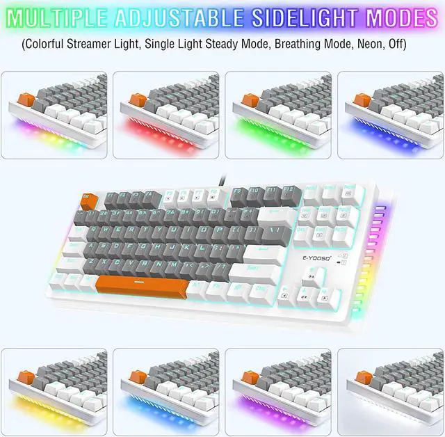 Alt view image 5 of 7 - Mechanical Gaming Keyboard, E-YOOSO Wired Mechanical Keyboard with Blue Switches, 87 Keys Gaming Keyboard with Solid Color Backlit & RGB LED Sidelight for Windows Mac PC Gaming