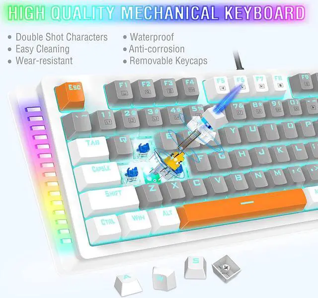 Alt view image 3 of 7 - Mechanical Gaming Keyboard, E-YOOSO Wired Mechanical Keyboard with Blue Switches, 87 Keys Gaming Keyboard with Solid Color Backlit & RGB LED Sidelight for Windows Mac PC Gaming