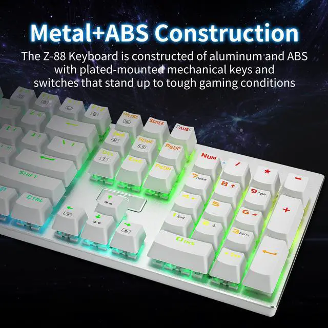Alt view image 3 of 7 - E-Yooso Z-88 104 Keys Full Size Mechanical Gaming Keyboard Anti-Ghosting, With Tactile&Clicky Blue Switches, Wired Keyboard, RGB LED Backlit, Splash-Proof, for PC Gamer or Office (White)
