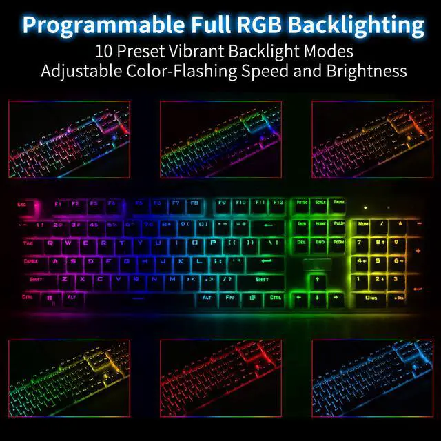 Alt view image 4 of 7 - E-Yooso Z-88 104 Keys Full Size Mechanical Gaming Keyboard Anti-Ghosting, With Tactile&Clicky Blue Switches, Wired Keyboard, RGB LED Backlit, Splash-Proof, for PC Gamer or Office (White)