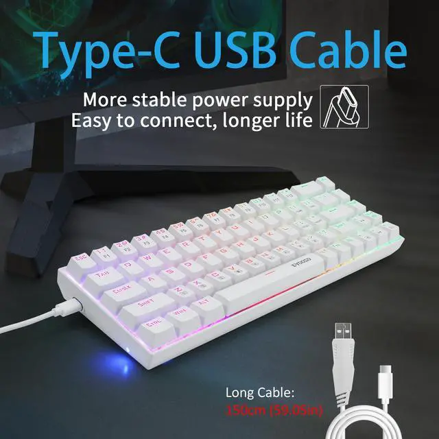 Alt view image 6 of 7 - 65% Wired RGB Gaming Keyboard, E-YOOSO Z686 Compact 68 Keys Mechanical Keyboard with Customizable RGB Backlit, Clicky Red Switches, Stand-Alone Arrow/Control Keys, Detachable Cable, White
