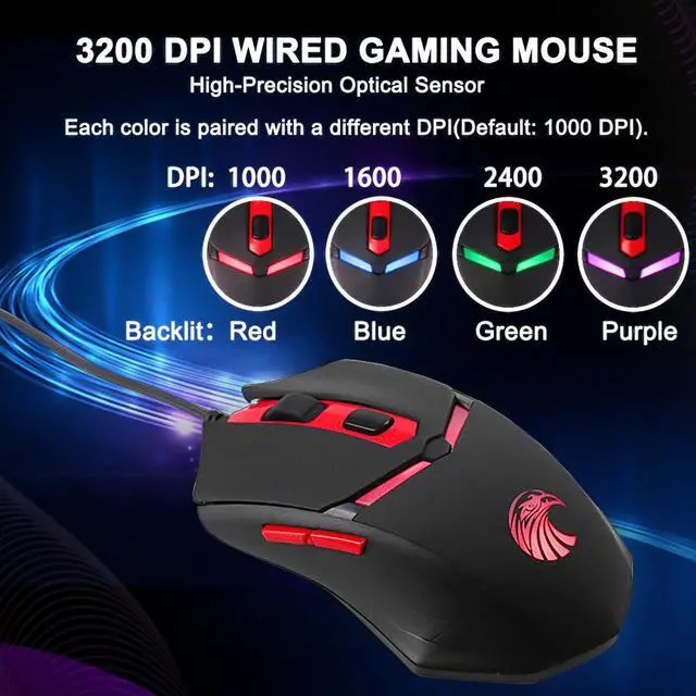 Alt view image 7 of 11 - E-YOOSO Z-7600 Wired Optical Gaming Keyboard, Adjustable DPI up to 3200, USB Connection, Backlit, for Office or Gaming (Black-Red)