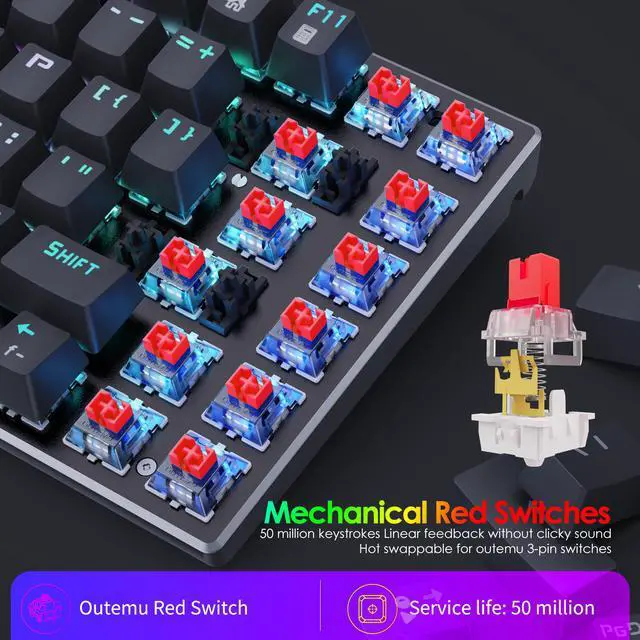 Alt view image 4 of 7 - E-Yooso Z-88 RGB Wired Mechanical Gaming Keyboard, Metal Panel, 60% Compact Design, RGB LED Backlit, 81Keys Anti-Ghosting, Hot Swappable, Red Switch-Linear&Quiet Clicky, for PC/Laptop (Black)