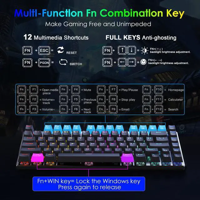Alt view image 7 of 7 - E-Yooso Z-88 RGB Wired Mechanical Gaming Keyboard, Metal Panel, 60% Compact Design, RGB LED Backlit, 81Keys Anti-Ghosting, Hot Swappable, Red Switch-Linear&Quiet Clicky, for PC/Laptop (Black)