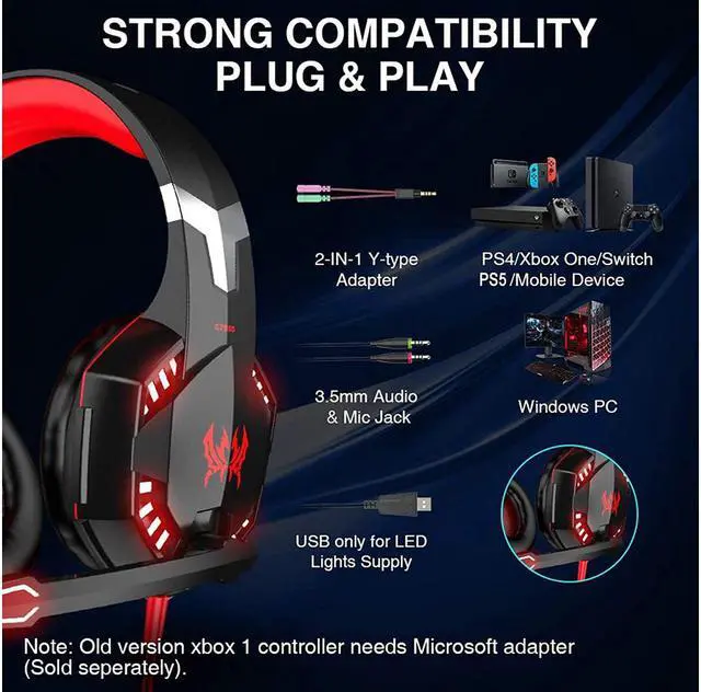 Alt view image 2 of 7 - G2000 Gaming Headset, Surround Stereo Gaming Headphones with Noise Cancelling Mic, LED Lights & Soft Memory Earmuffs for PS5, PS4, Xbox One, Nintendo Switch, PC Mac Computer Games