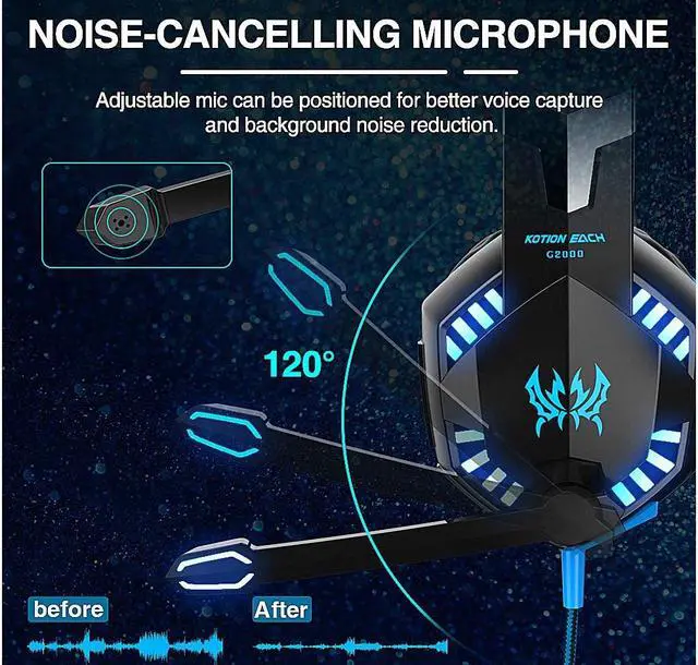 Alt view image 2 of 7 - G2000 Gaming Headset, Surround Stereo Gaming Headphones with Noise Cancelling Mic, LED Lights & Soft Memory Earmuffs for PS5, PS4, Xbox One, Nintendo Switch, PC Mac Computer Games