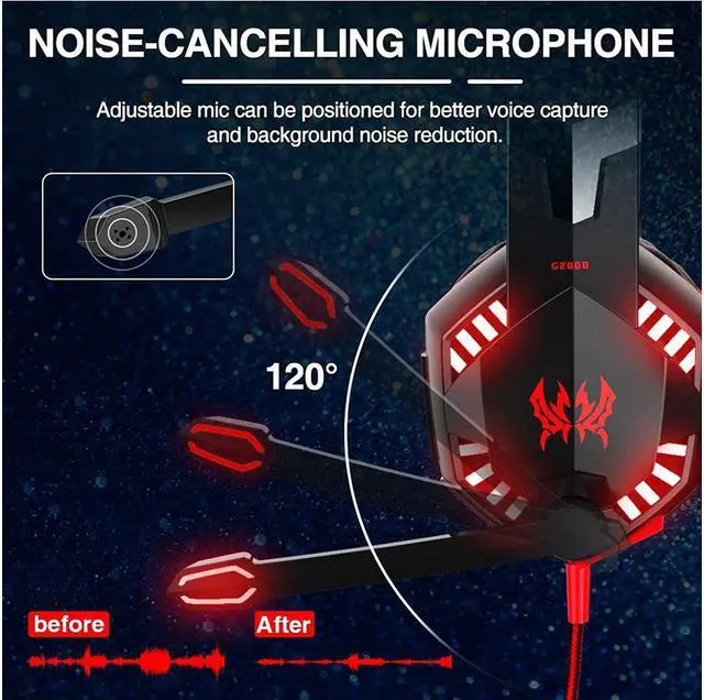 Alt view image 3 of 7 - G2000 Gaming Headset, Surround Stereo Gaming Headphones with Noise Cancelling Mic, LED Lights & Soft Memory Earmuffs for PS5, PS4, Xbox One, Nintendo Switch, PC Mac Computer Games