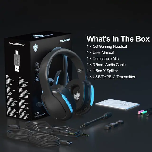 Alt view image 7 of 7 - Q3 Black Wireless Gaming Headset, 2.4GHz Wireless Headset for PC, PS4/PS5, Nintendo Switch, LongBattery Up to 30h, 7.1 Surround Sound, Detachable Microphone, 3.5mm Wired Jack for
