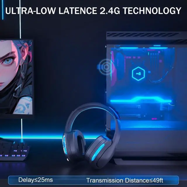 Alt view image 4 of 7 - Q3 Black Wireless Gaming Headset, 2.4GHz Wireless Headset for PC, PS4/PS5, Nintendo Switch, LongBattery Up to 30h, 7.1 Surround Sound, Detachable Microphone, 3.5mm Wired Jack for