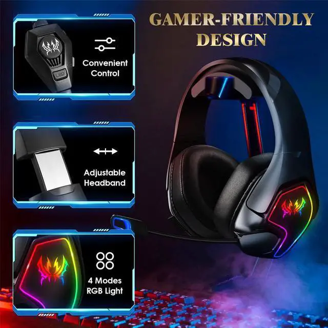 Alt view image 5 of 7 - G3000 Gaming Headset for PS5 PS4 Xbox One Controller,Bass Surround Noise Cancelling Mic, Over Ear Headphones with LED Lights
