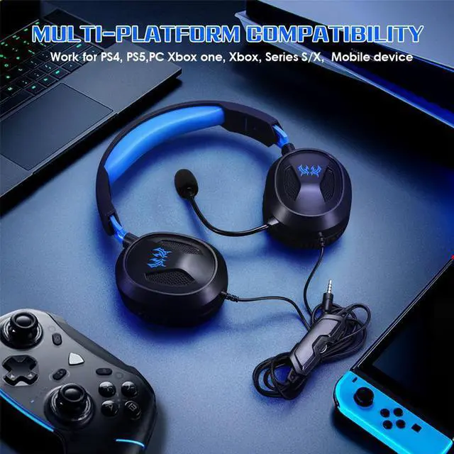 Alt view image 6 of 7 - G3100 Blue Gaming Headset for PS5 PS4 Xbox One Controller,Bass Surround Noise Cancelling Mic, Over Ear Headphones with LED Lights