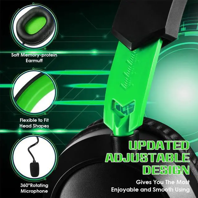 Alt view image 5 of 7 - G3100 Green Gaming Headset for PS5 PS4 Xbox One Controller,Bass Surround Noise Cancelling Mic, Over Ear Headphones with LED Lights