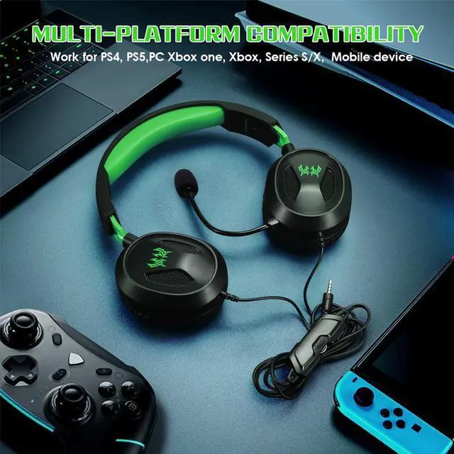 Alt view image 6 of 7 - G3100 Green Gaming Headset for PS5 PS4 Xbox One Controller,Bass Surround Noise Cancelling Mic, Over Ear Headphones with LED Lights