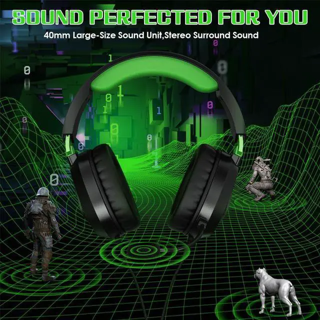 Alt view image 2 of 7 - G3100 Green Gaming Headset for PS5 PS4 Xbox One Controller,Bass Surround Noise Cancelling Mic, Over Ear Headphones with LED Lights