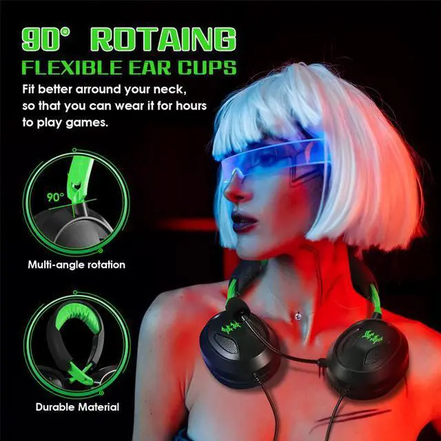 Alt view image 7 of 7 - G3100 Green Gaming Headset for PS5 PS4 Xbox One Controller,Bass Surround Noise Cancelling Mic, Over Ear Headphones with LED Lights