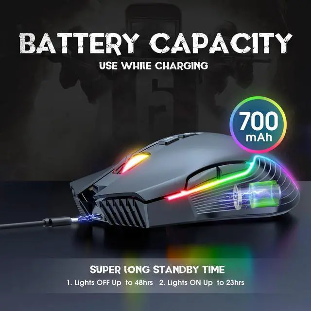 Alt view image 2 of 7 - Wireless Gaming Mouse, 2.4Ghz Connection, 5 RGB Backlit Modes, Ergonomic Computer Mice with 7 Macro Buttons, Adjustable DPI, Rechargeable Office Cordless Mouse for PC/Mac/Laptop